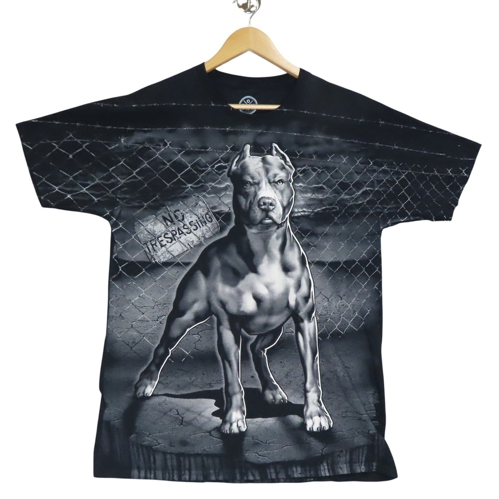 DOM Pitbull Dog No Trespassing Graphic T-Shirt Mens Large Black 100% Cotton - Picture 2 of 8